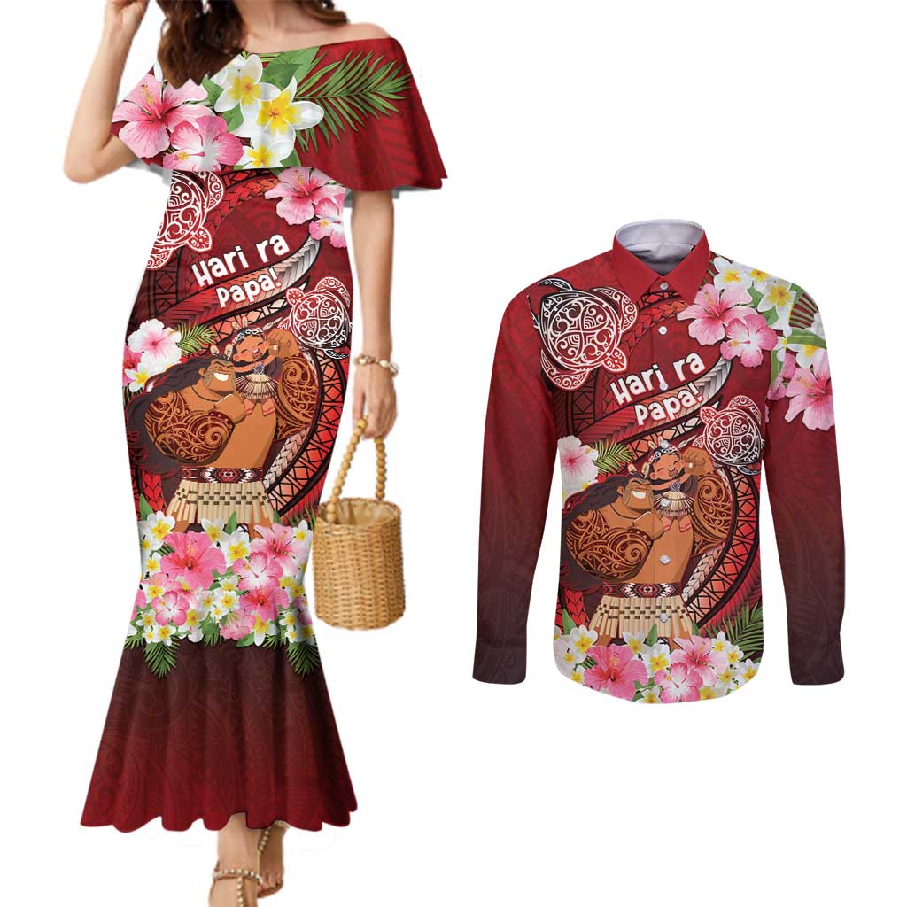 Personalised New Zealand Father's Day Couples Matching Mermaid Dress and Long Sleeve Button Shirt Happy Father And Child DT04 Red - Polynesian Pride