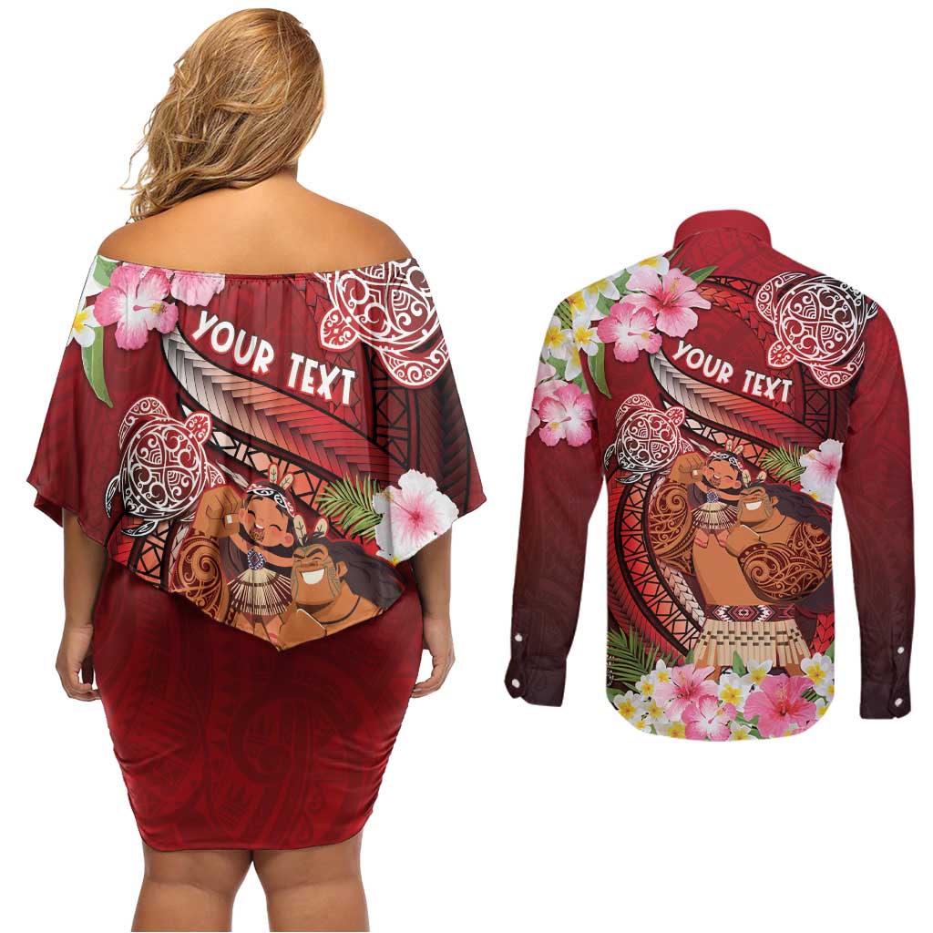 Personalised New Zealand Father's Day Couples Matching Off Shoulder Short Dress and Long Sleeve Button Shirt Happy Father And Child DT04 - Polynesian Pride