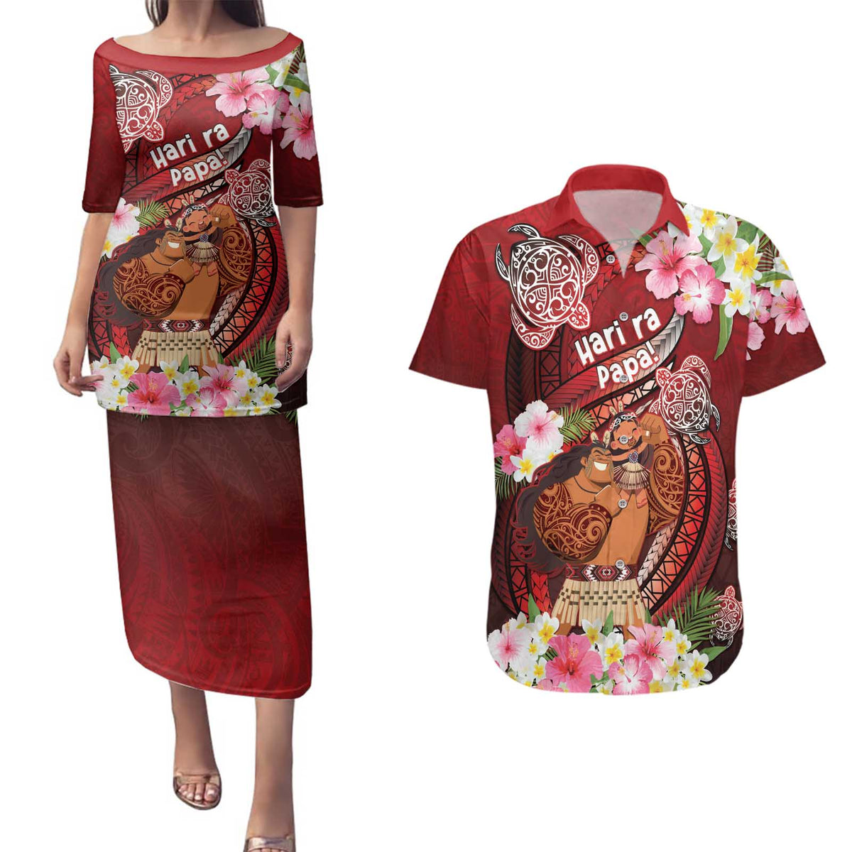 Personalised New Zealand Father's Day Couples Matching Puletasi and Hawaiian Shirt Happy Father And Child DT04 Red - Polynesian Pride