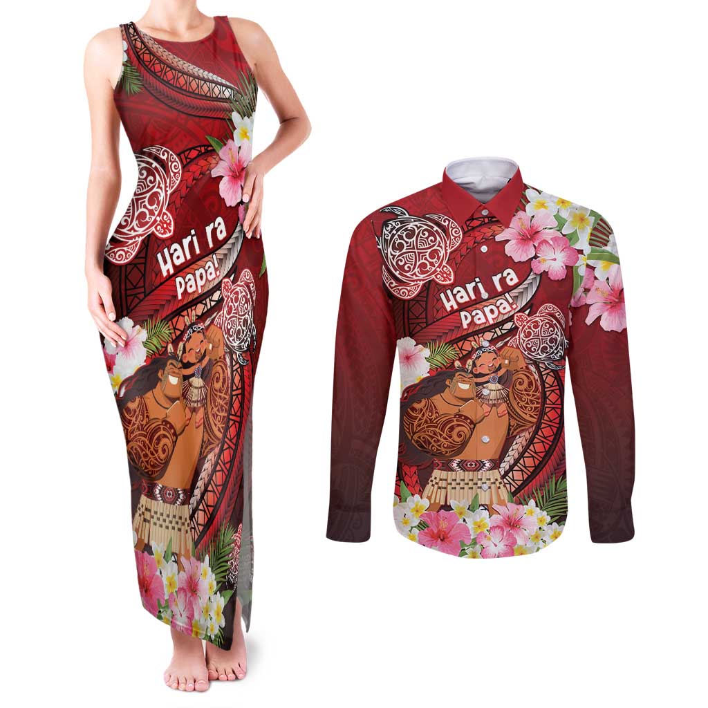 Personalised New Zealand Father's Day Couples Matching Tank Maxi Dress and Long Sleeve Button Shirt Happy Father And Child DT04 Red - Polynesian Pride