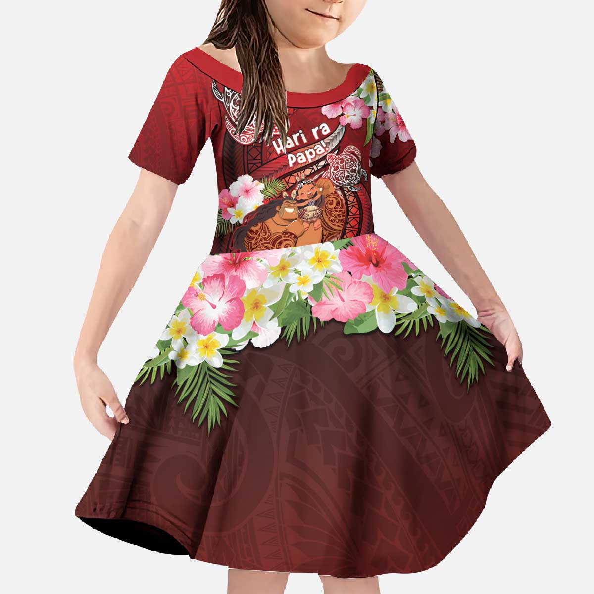Personalised New Zealand Father's Day Family Matching Off The Shoulder Long Sleeve Dress and Hawaiian Shirt Happy Father And Child DT04 Daughter's Dress Red - Polynesian Pride