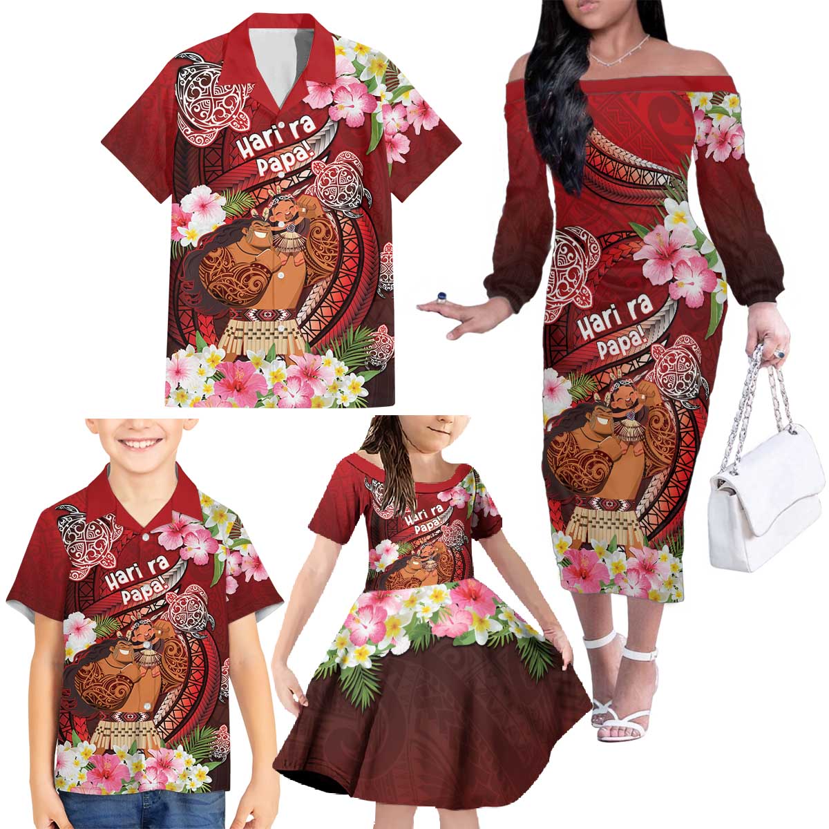 Personalised New Zealand Father's Day Family Matching Off The Shoulder Long Sleeve Dress and Hawaiian Shirt Happy Father And Child DT04 - Polynesian Pride