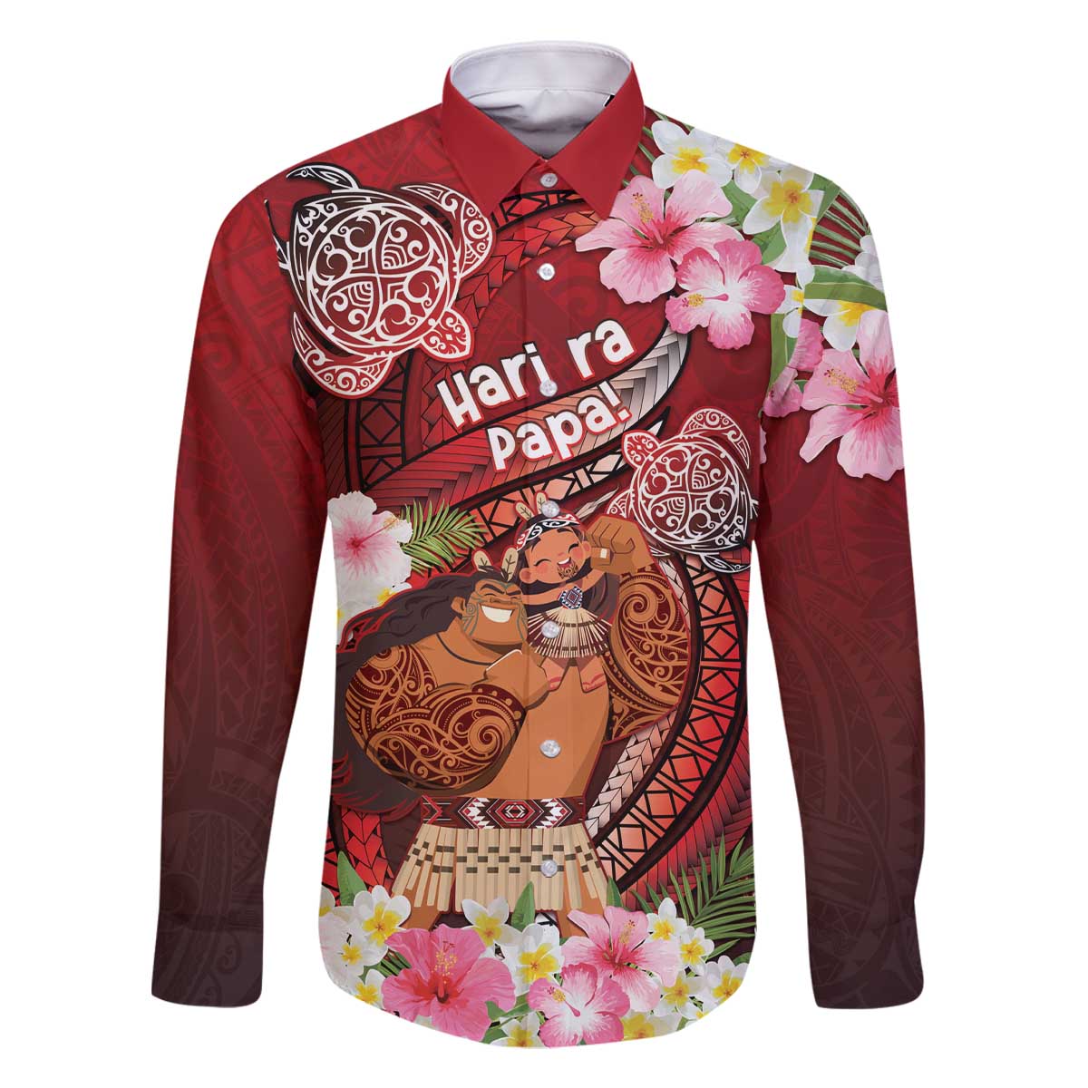 Personalised New Zealand Father's Day Family Matching Off The Shoulder Long Sleeve Dress and Hawaiian Shirt Happy Father And Child DT04 Dad's Shirt - Long Sleeve Red - Polynesian Pride
