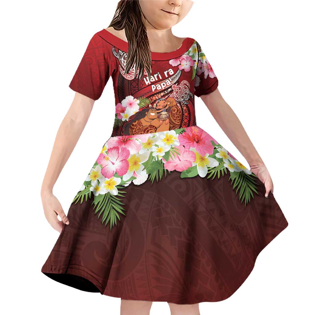 Personalised New Zealand Father's Day Family Matching Off Shoulder Short Dress and Hawaiian Shirt Happy Father And Child DT04 Daughter's Dress Red - Polynesian Pride