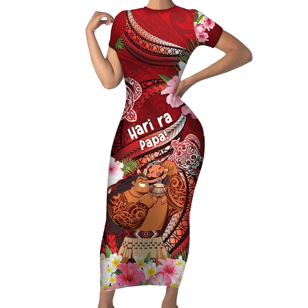 Personalised New Zealand Father's Day Family Matching Short Sleeve Bodycon Dress and Hawaiian Shirt Happy Father And Child DT04 Mom's Dress Red - Polynesian Pride