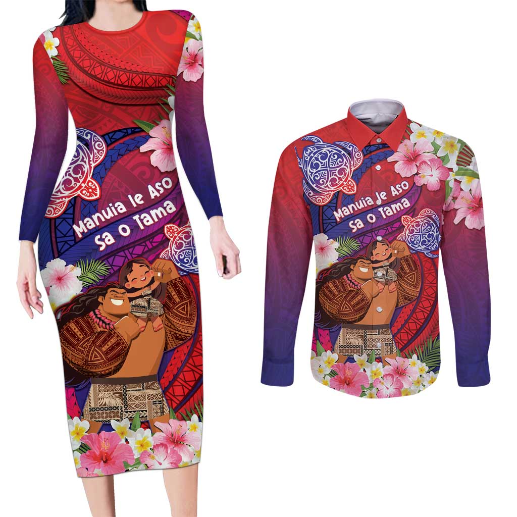 Personalised Samoa Father's Day Couples Matching Long Sleeve Bodycon Dress and Long Sleeve Button Shirt Happy Father And Child