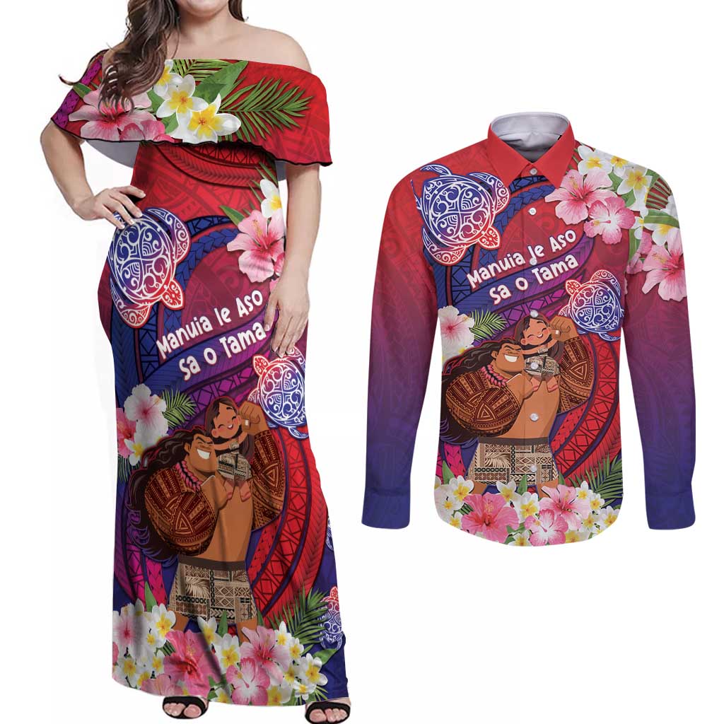 Personalised Samoa Father's Day Couples Matching Off Shoulder Maxi Dress and Long Sleeve Button Shirt Happy Father And Child