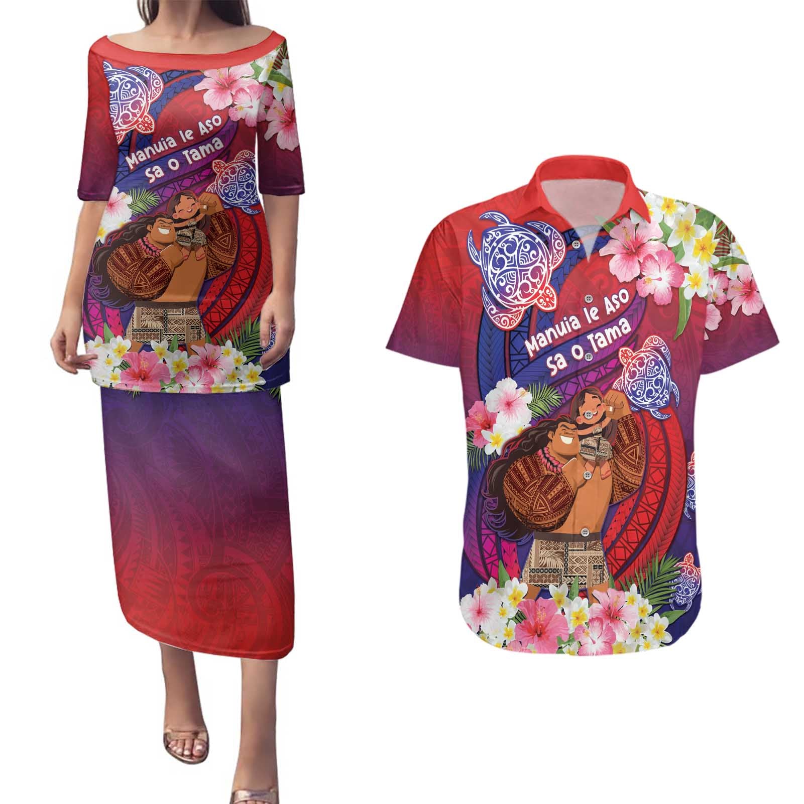 Personalised Samoa Father's Day Couples Matching Puletasi and Hawaiian Shirt Happy Father And Child