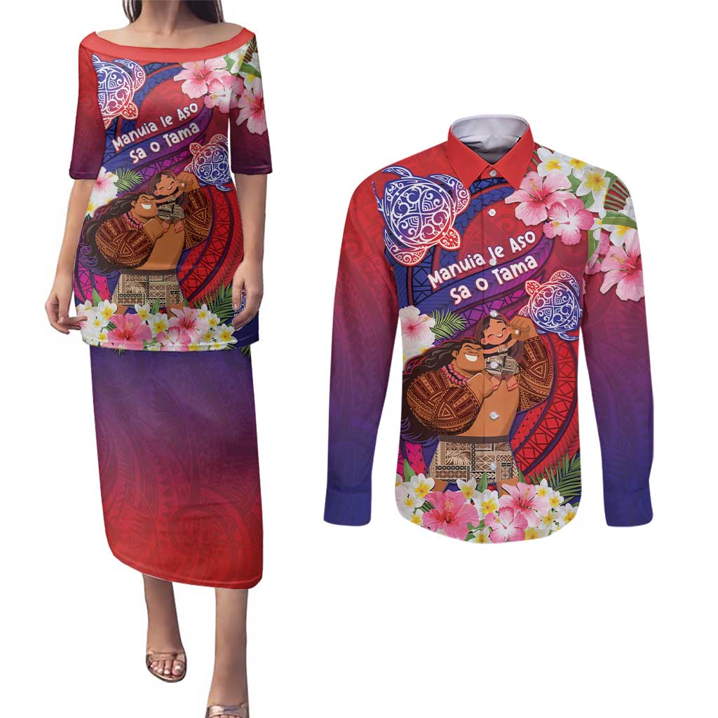 Personalised Samoa Father's Day Couples Matching Puletasi and Long Sleeve Button Shirt Happy Father And Child