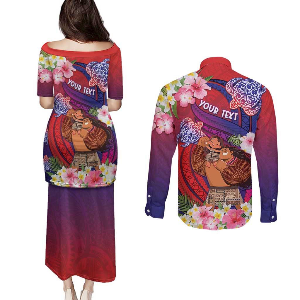 Personalised Samoa Father's Day Couples Matching Puletasi and Long Sleeve Button Shirt Happy Father And Child