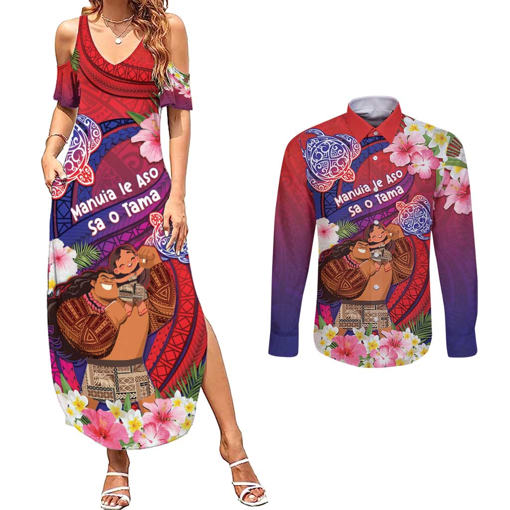 Personalised Samoa Father's Day Couples Matching Summer Maxi Dress and Long Sleeve Button Shirt Happy Father And Child