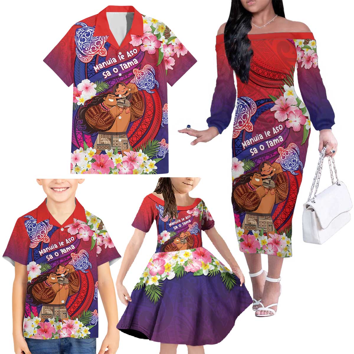 Personalised Samoa Father's Day Family Matching Off The Shoulder Long Sleeve Dress and Hawaiian Shirt Happy Father And Child DT04 - Polynesian Pride