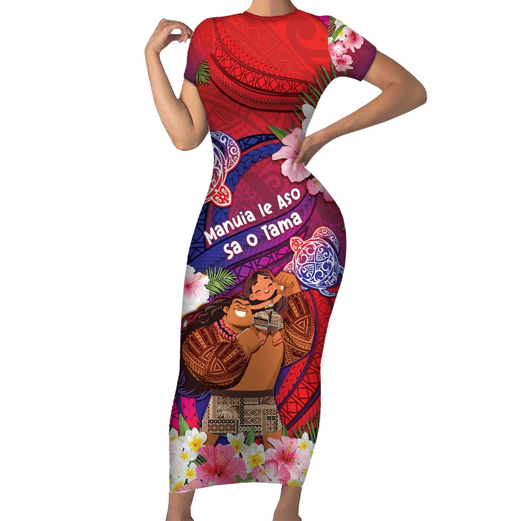 Personalised Samoa Father's Day Short Sleeve Bodycon Dress Happy Father And Child