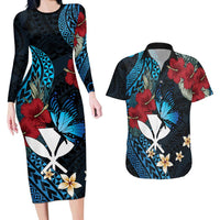 Hawaii Butterfly Couples Matching Long Sleeve Bodycon Dress and Hawaiian Shirt Kanaka Maoli Mix Hibiscus DT04 Black - Polynesian Pride
