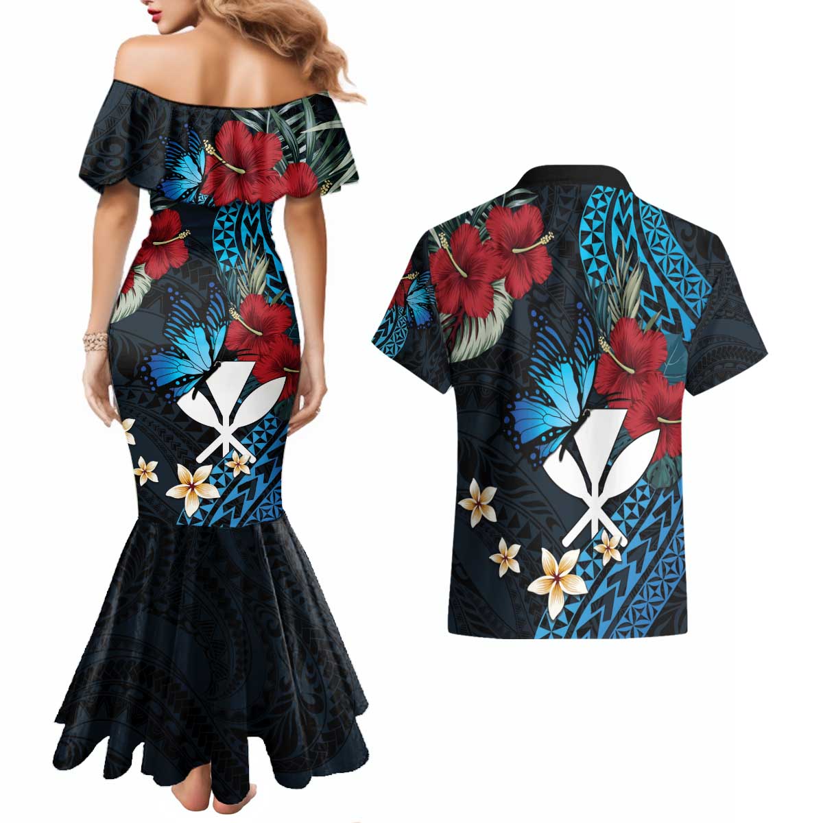 Hawaii Butterfly Couples Matching Mermaid Dress and Hawaiian Shirt Kanaka Maoli Mix Hibiscus DT04 - Polynesian Pride