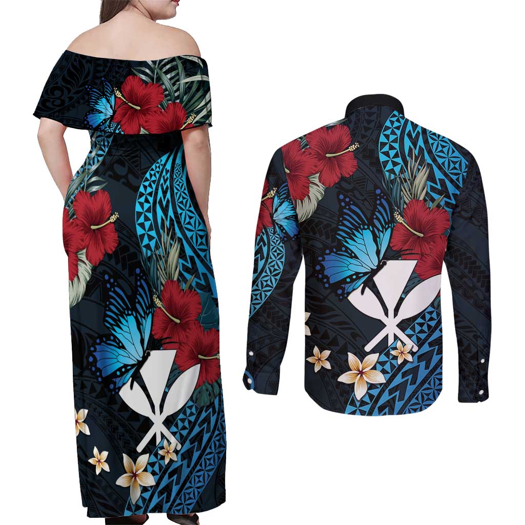 Hawaii Butterfly Couples Matching Off Shoulder Maxi Dress and Long Sleeve Button Shirt Kanaka Maoli Mix Hibiscus