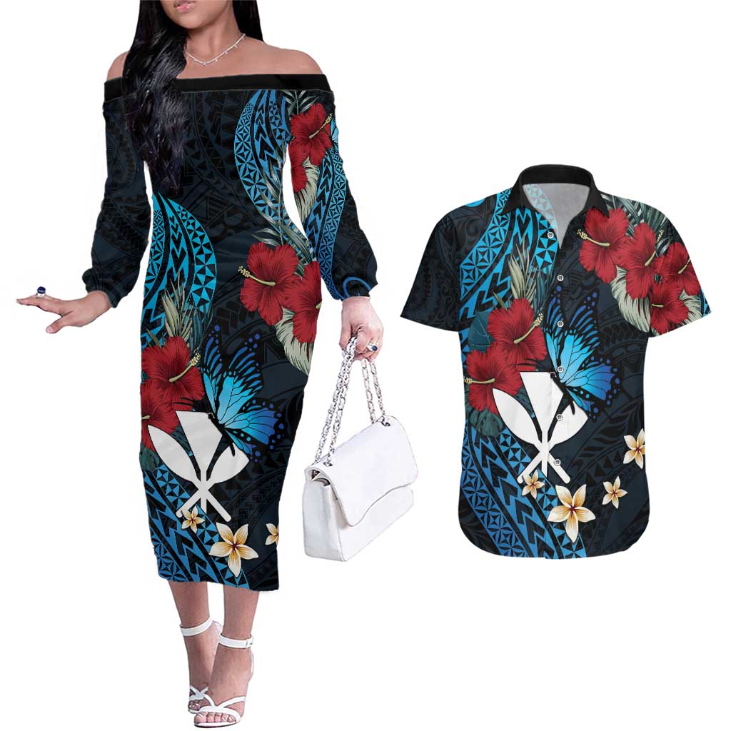 Hawaii Butterfly Couples Matching Off The Shoulder Long Sleeve Dress and Hawaiian Shirt Kanaka Maoli Mix Hibiscus DT04 Black - Polynesian Pride
