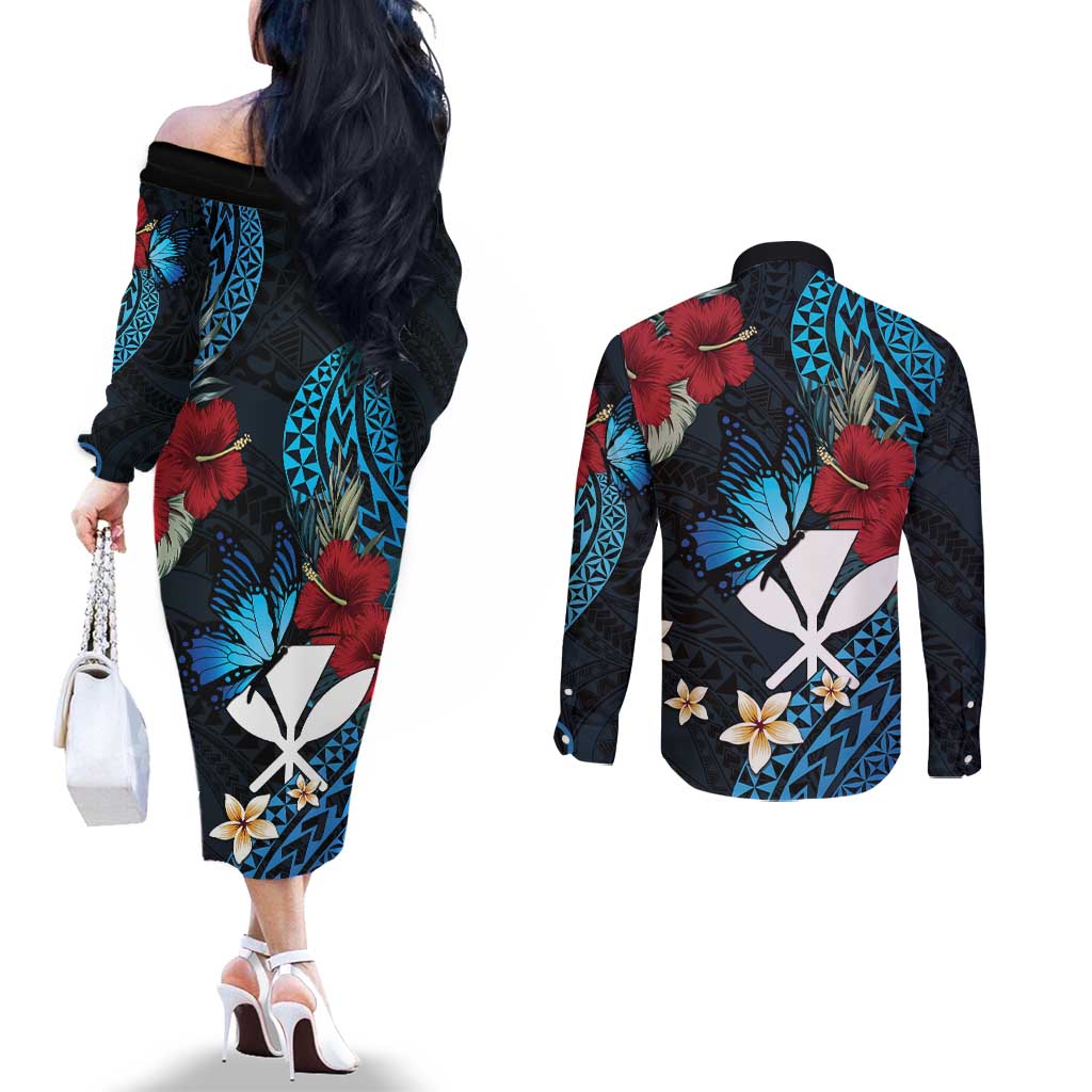Hawaii Butterfly Couples Matching Off The Shoulder Long Sleeve Dress and Long Sleeve Button Shirt Kanaka Maoli Mix Hibiscus