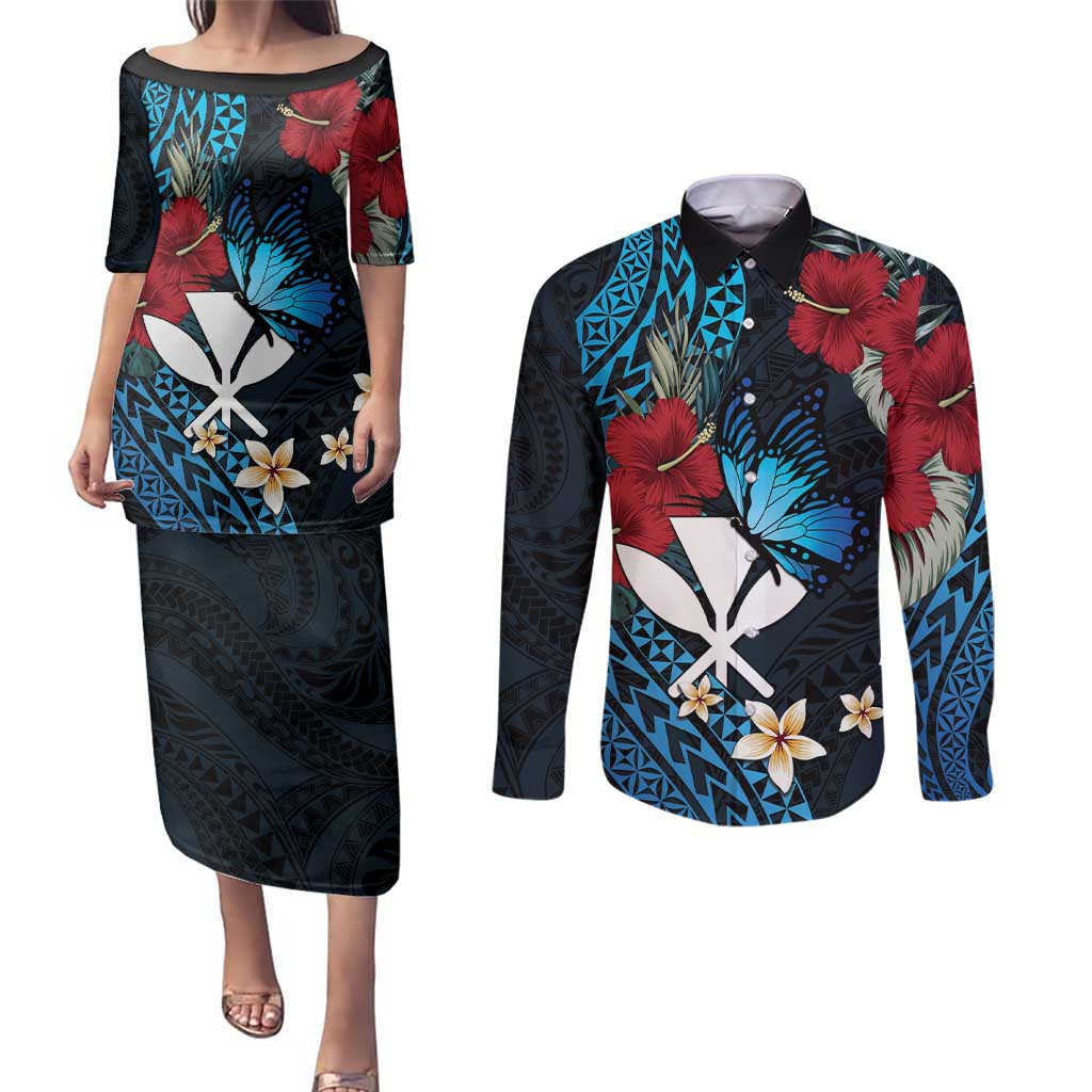 Hawaii Butterfly Couples Matching Puletasi and Long Sleeve Button Shirt Kanaka Maoli Mix Hibiscus
