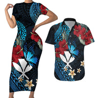 Hawaii Butterfly Couples Matching Short Sleeve Bodycon Dress and Hawaiian Shirt Kanaka Maoli Mix Hibiscus DT04 Black - Polynesian Pride
