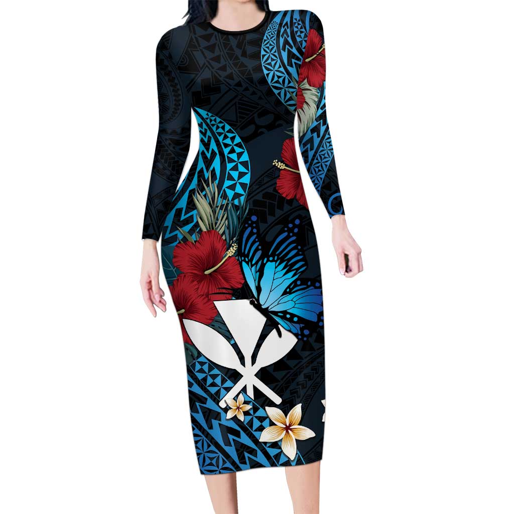 Hawaii Butterfly Family Matching Long Sleeve Bodycon Dress and Hawaiian Shirt Kanaka Maoli Mix Hibiscus DT04 Mom's Dress Black - Polynesian Pride