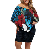 Hawaii Butterfly Family Matching Off Shoulder Short Dress and Hawaiian Shirt Kanaka Maoli Mix Hibiscus DT04 Mom's Dress Black - Polynesian Pride