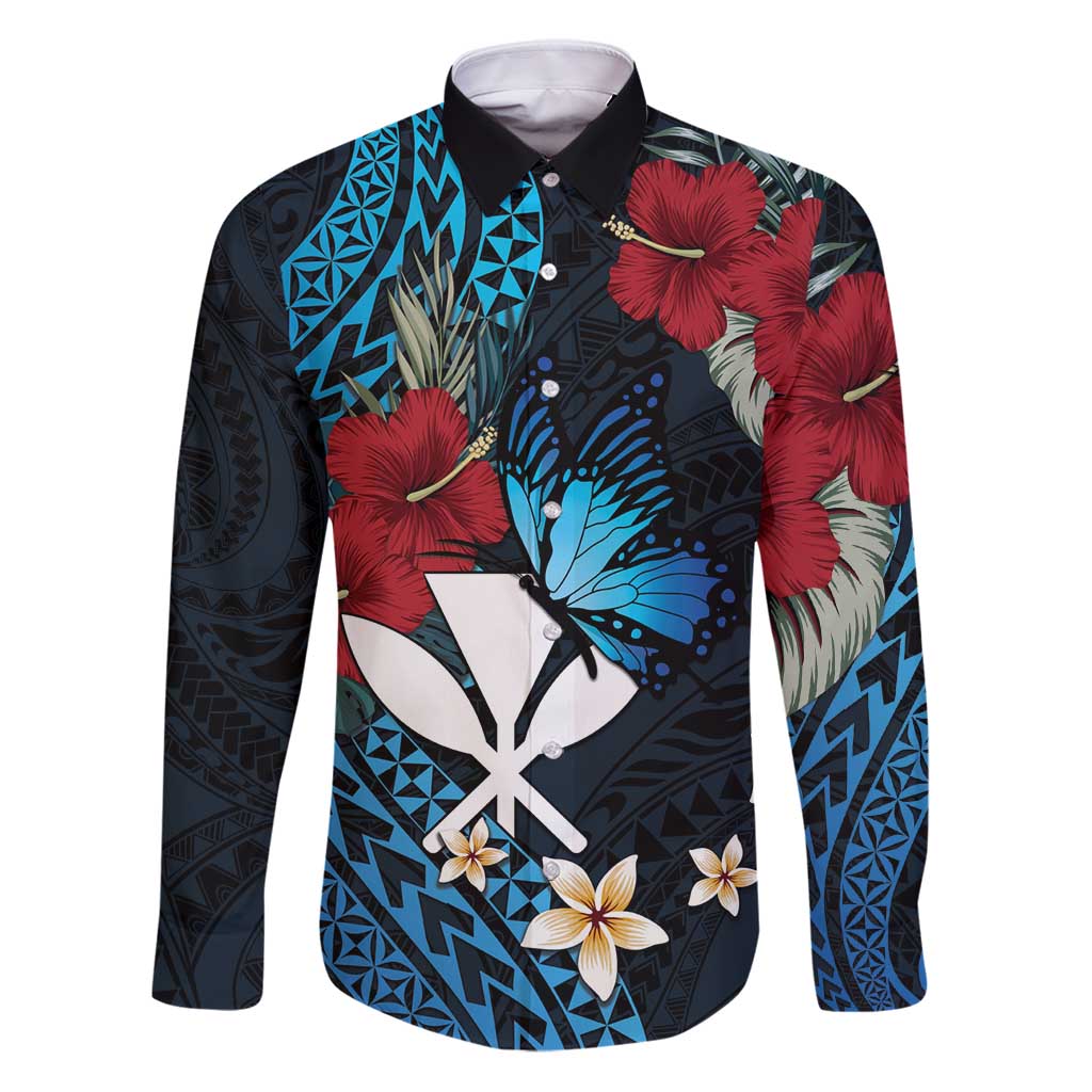 Hawaii Butterfly Family Matching Puletasi and Hawaiian Shirt Kanaka Maoli Mix Hibiscus DT04 Dad's Shirt - Long Sleeve Black - Polynesian Pride