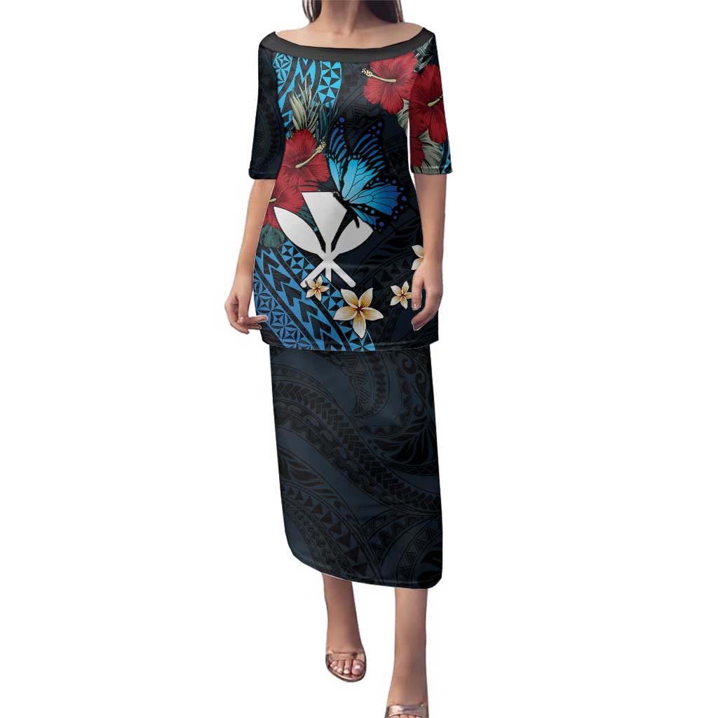 Hawaii Butterfly Family Matching Puletasi and Hawaiian Shirt Kanaka Maoli Mix Hibiscus DT04 Mom's Dress Black - Polynesian Pride
