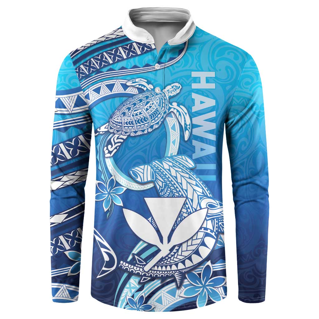 Hawaii Button Sweatshirt Turtle With Hammerhead Shark Oceanic DT04 Blue - Polynesian Pride