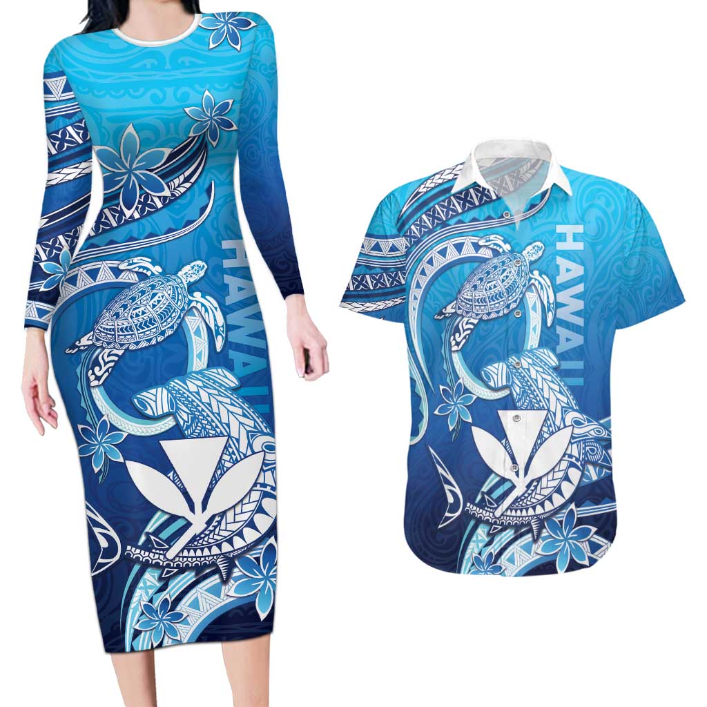Hawaii Couples Matching Long Sleeve Bodycon Dress and Hawaiian Shirt Turtle With Hammerhead Shark Oceanic DT04 Blue - Polynesian Pride