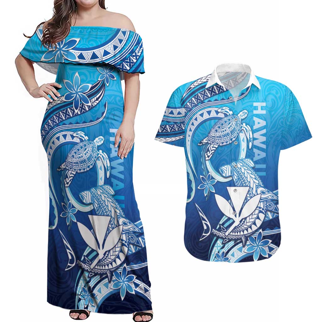 Hawaii Couples Matching Off Shoulder Maxi Dress and Hawaiian Shirt Turtle With Hammerhead Shark Oceanic DT04 Blue - Polynesian Pride