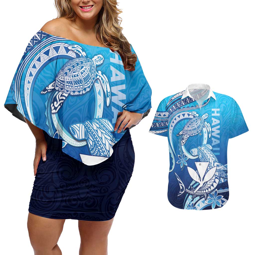 Hawaii Couples Matching Off Shoulder Short Dress and Hawaiian Shirt Turtle With Hammerhead Shark Oceanic DT04 Blue - Polynesian Pride