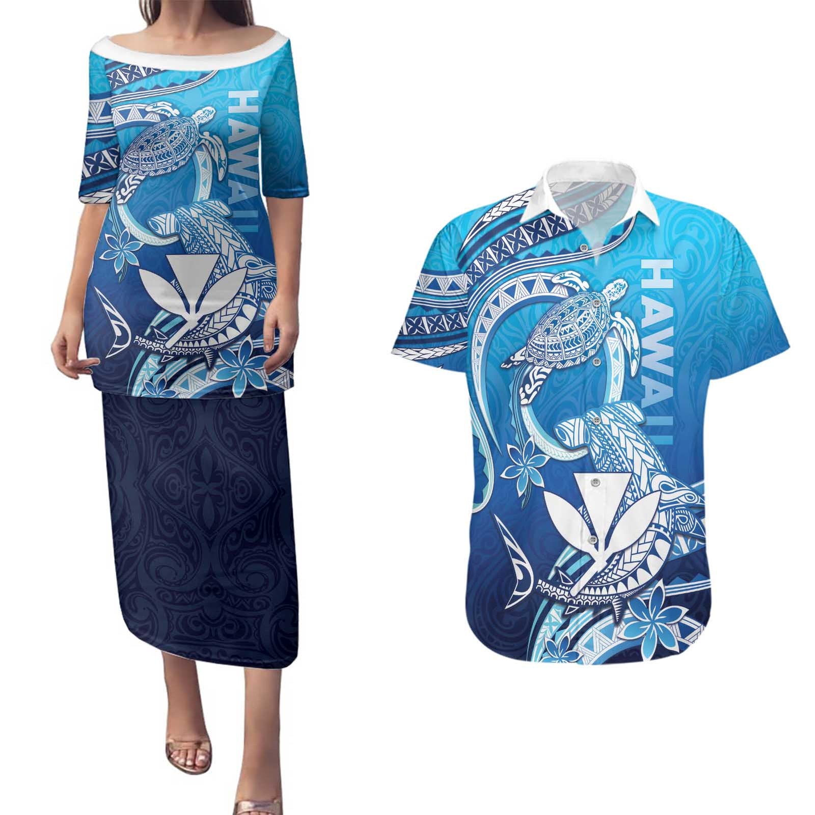 Hawaii Couples Matching Puletasi and Hawaiian Shirt Turtle With Hammerhead Shark Oceanic DT04 Blue - Polynesian Pride