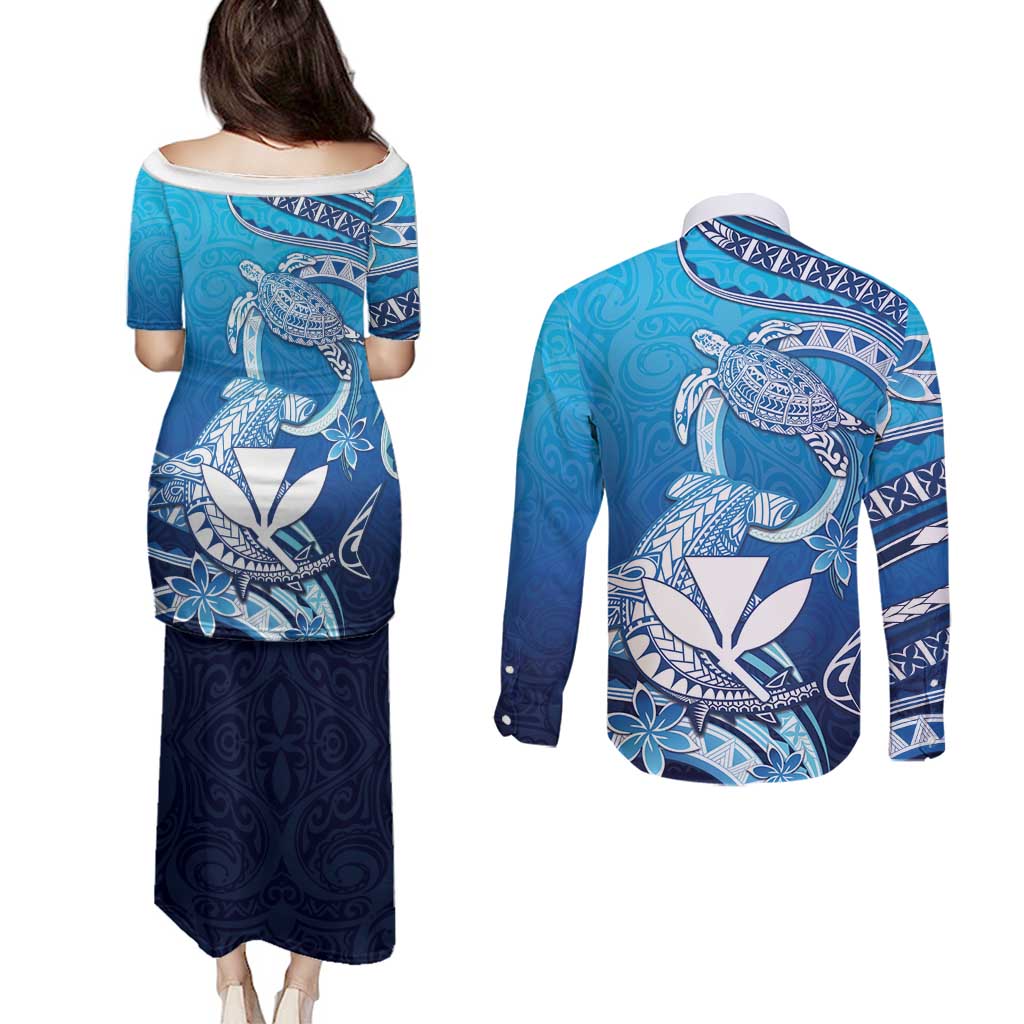 Hawaii Couples Matching Puletasi and Long Sleeve Button Shirt Turtle With Hammerhead Shark Oceanic
