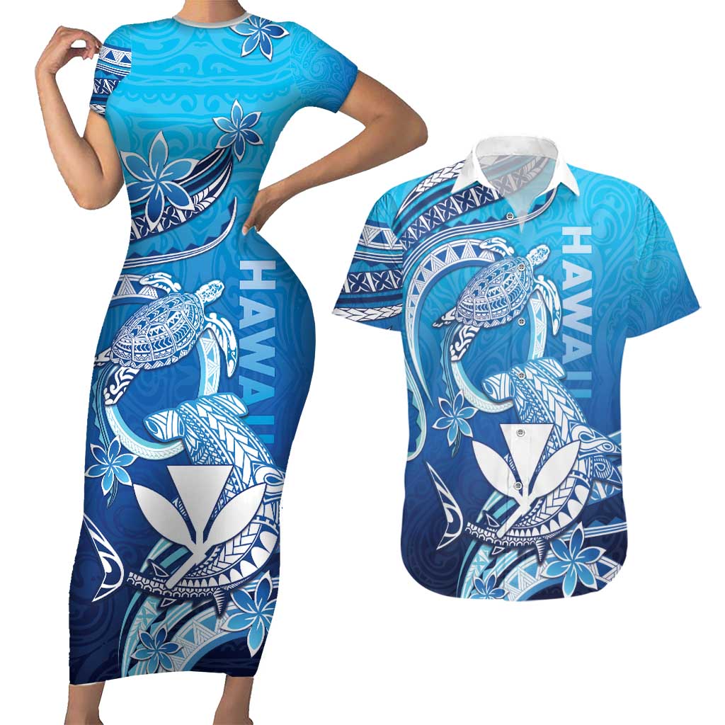 Hawaii Couples Matching Short Sleeve Bodycon Dress and Hawaiian Shirt Turtle With Hammerhead Shark Oceanic DT04 Blue - Polynesian Pride