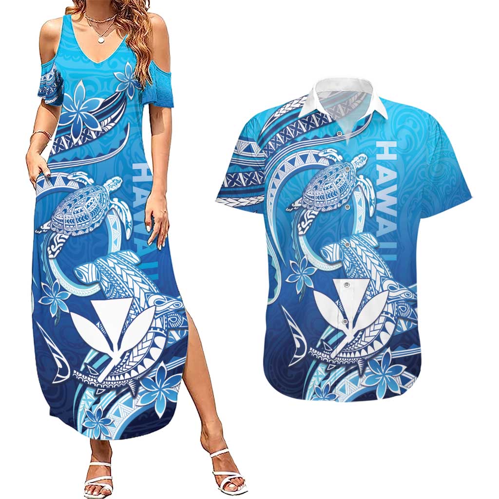 Hawaii Couples Matching Summer Maxi Dress and Hawaiian Shirt Turtle With Hammerhead Shark Oceanic DT04 Blue - Polynesian Pride