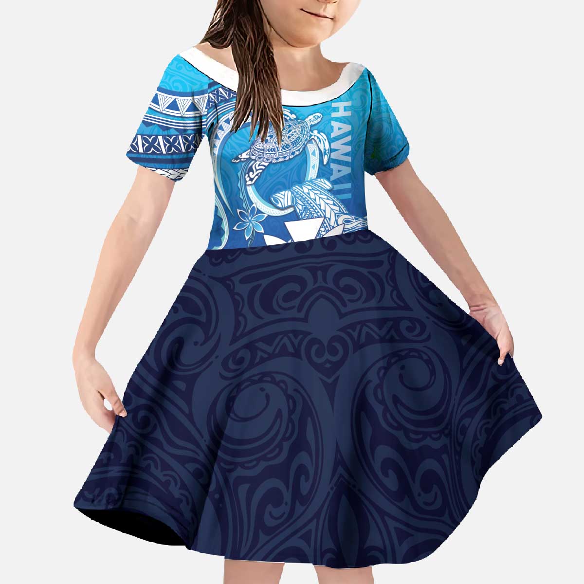 Hawaii Family Matching Off The Shoulder Long Sleeve Dress and Hawaiian Shirt Turtle With Hammerhead Shark Oceanic DT04 Daughter's Dress Blue - Polynesian Pride