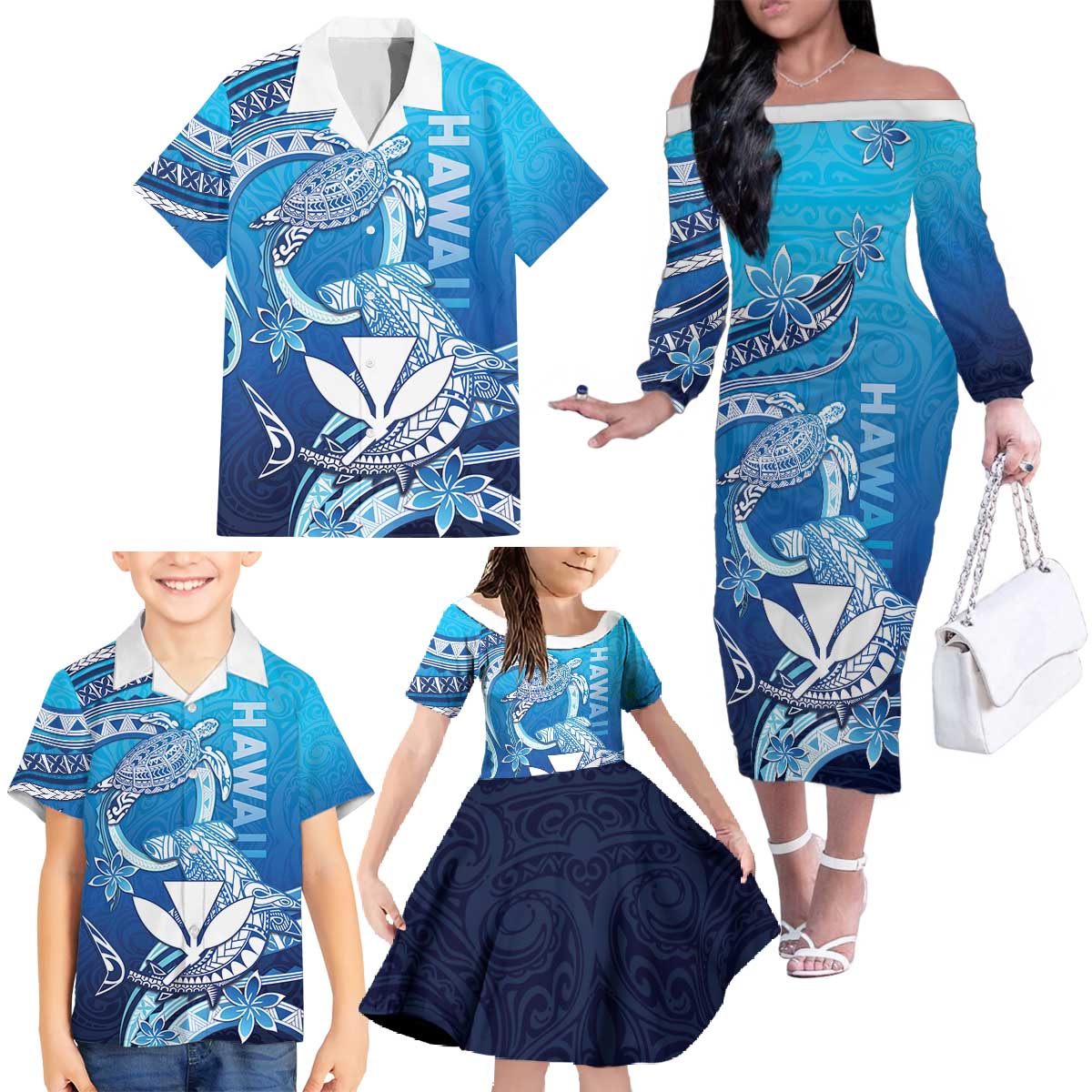 Hawaii Family Matching Off The Shoulder Long Sleeve Dress and Hawaiian Shirt Turtle With Hammerhead Shark Oceanic DT04 - Polynesian Pride