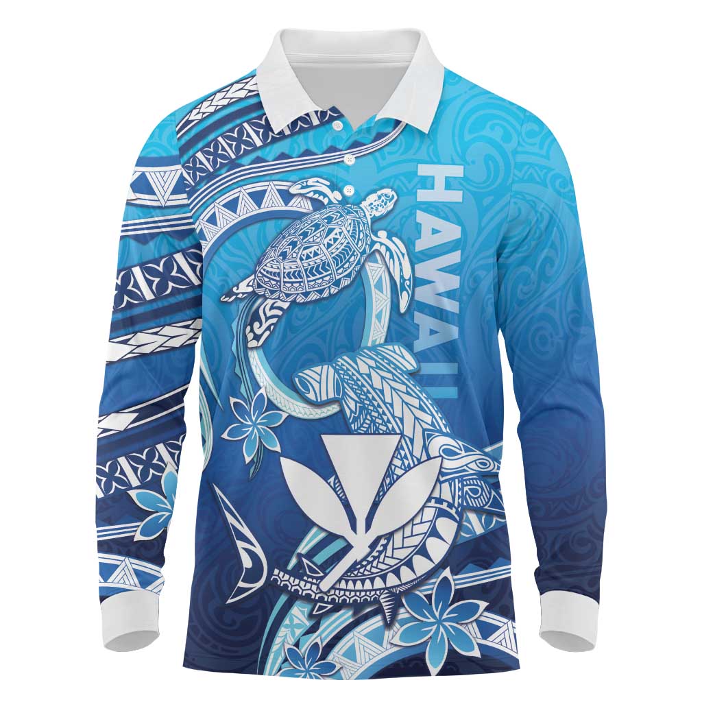 Hawaii Long Sleeve Polo Shirt Turtle With Hammerhead Shark Oceanic