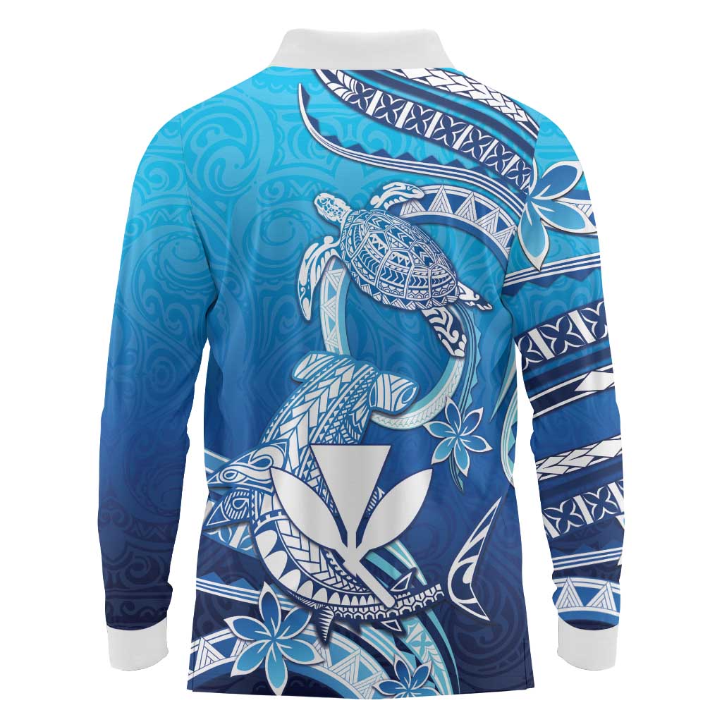 Hawaii Long Sleeve Polo Shirt Turtle With Hammerhead Shark Oceanic