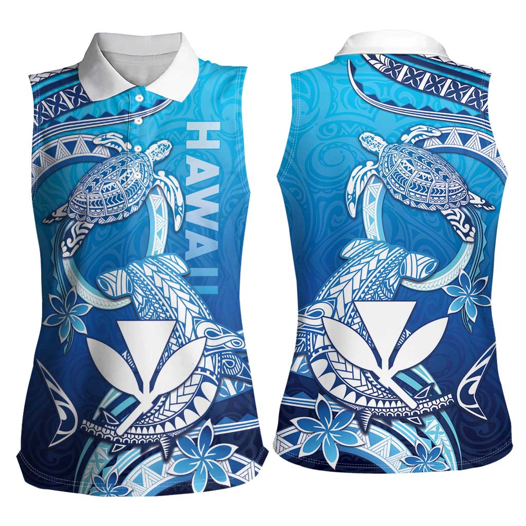 Hawaii Women Sleeveless Polo Shirt Turtle With Hammerhead Shark Oceanic