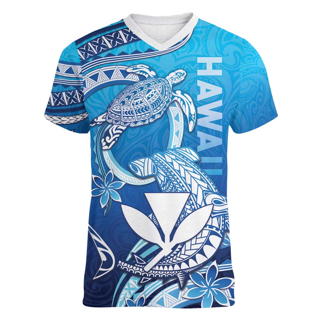 Hawaii Women V-Neck T-Shirt Turtle With Hammerhead Shark Oceanic