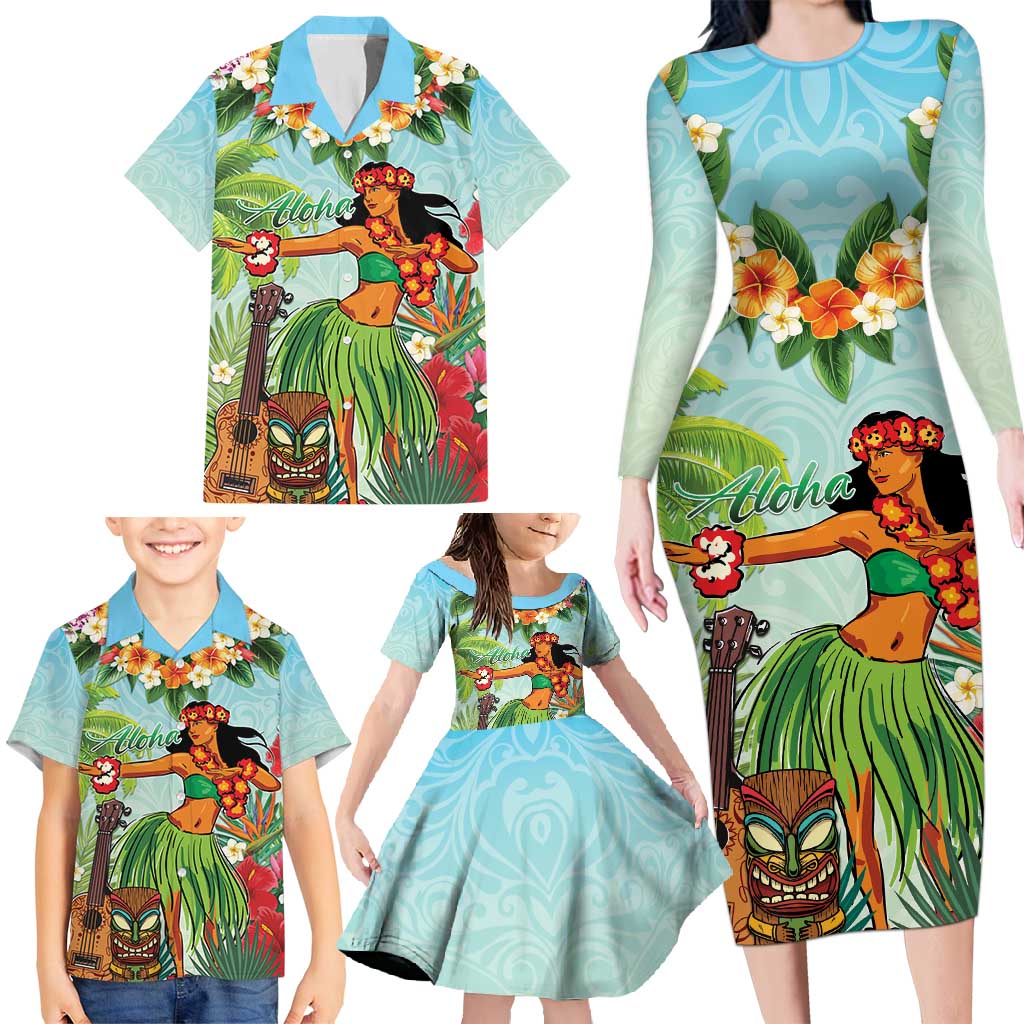 Hawaii Lei Day Family Matching Long Sleeve Bodycon Dress and Hawaiian Shirt Hula Girl With Tropical Forest DT04 - Polynesian Pride