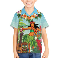 Hawaii Lei Day Family Matching Long Sleeve Bodycon Dress and Hawaiian Shirt Hula Girl With Tropical Forest DT04 Son's Shirt Blue - Polynesian Pride