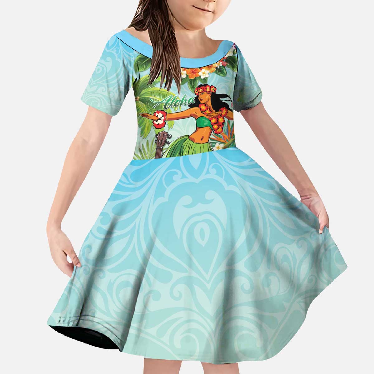 Hawaii Lei Day Family Matching Off The Shoulder Long Sleeve Dress and Hawaiian Shirt Hula Girl With Tropical Forest DT04 Daughter's Dress Blue - Polynesian Pride