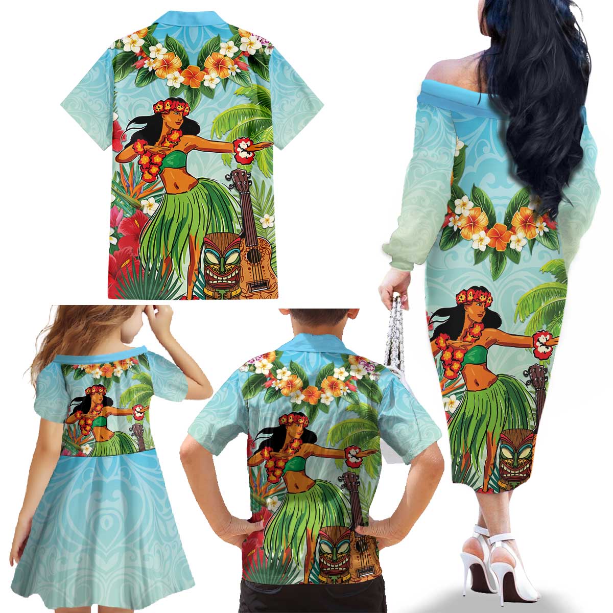 Hawaii Lei Day Family Matching Off The Shoulder Long Sleeve Dress and Hawaiian Shirt Hula Girl With Tropical Forest DT04 - Polynesian Pride