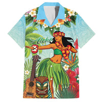 Hawaii Lei Day Family Matching Off The Shoulder Long Sleeve Dress and Hawaiian Shirt Hula Girl With Tropical Forest DT04 Dad's Shirt - Short Sleeve Blue - Polynesian Pride
