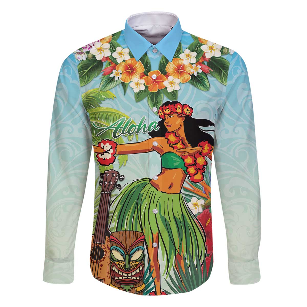 Hawaii Lei Day Family Matching Off The Shoulder Long Sleeve Dress and Hawaiian Shirt Hula Girl With Tropical Forest DT04 Dad's Shirt - Long Sleeve Blue - Polynesian Pride