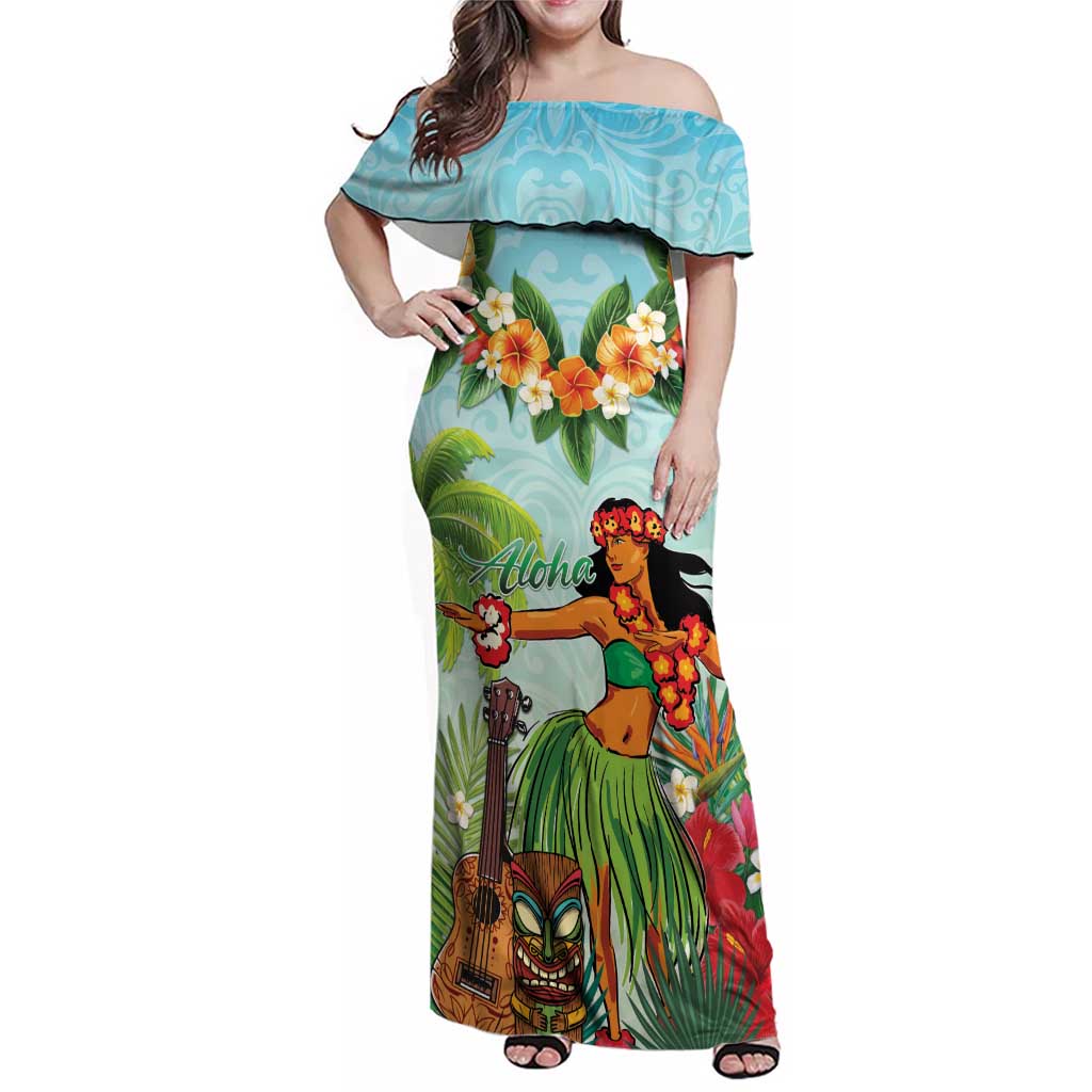 Hawaii Lei Day Family Matching Off Shoulder Maxi Dress and Hawaiian Shirt Hula Girl With Tropical Forest DT04 Mom's Dress Blue - Polynesian Pride