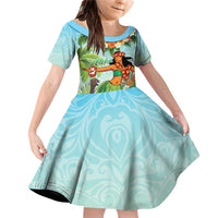 Hawaii Lei Day Family Matching Off Shoulder Short Dress and Hawaiian Shirt Hula Girl With Tropical Forest DT04 Daughter's Dress Blue - Polynesian Pride